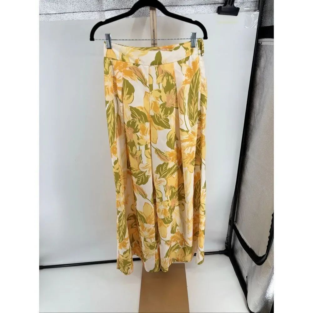 Flying Tomato Floral Wide Leg Pants Pleated Zip Size Small Yellow 30.5 Inseam